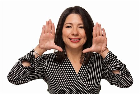 simsearch:400-06639774,k - Attractive Multiethnic Woman with Hands Framing Her Face Isolated on a White Background. Stock Photo - Budget Royalty-Free & Subscription, Code: 400-04693497