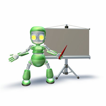 simsearch:400-04405278,k - A cute 3d robot character standing with presentation equipment and projection roller screen pointing to the presentation. Stock Photo - Budget Royalty-Free & Subscription, Code: 400-04693514