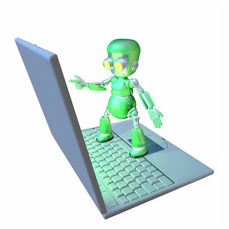 simsearch:400-04124882,k - Cute shiny 3d robot character using a giant laptop pointing at the screen. Stock Photo - Budget Royalty-Free & Subscription, Code: 400-04693519