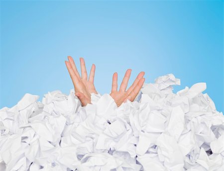 drown in papers - Human buried in white papers on blue background Stock Photo - Budget Royalty-Free & Subscription, Code: 400-04693784