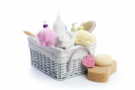 simsearch:600-01788630,k - Toiletries stuff sponge gel shampoo and bath towels on white background Stock Photo - Budget Royalty-Free & Subscription, Code: 400-04704679