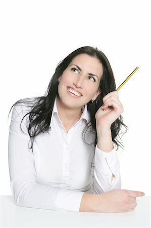 Brunette woman thinking with pencil isolated on white Stock Photo - Budget Royalty-Free & Subscription, Code: 400-04704869