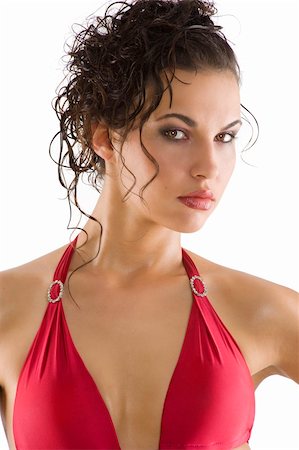 simsearch:400-04667271,k - sensual woman brunette with sexy red swimsuit and hair style taking pose over white Stock Photo - Budget Royalty-Free & Subscription, Code: 400-04705027