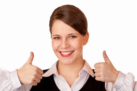 Casual young attractive businesswoman shows both thumbs up . Isolated on white background. Stock Photo - Budget Royalty-Free & Subscription, Code: 400-04705419