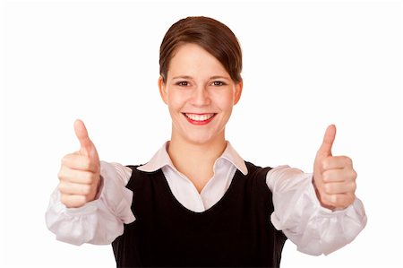 Casual young attractive businesswoman shows both thumbs up . Isolated on white background. Stock Photo - Budget Royalty-Free & Subscription, Code: 400-04705420