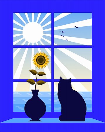 picture of cat sitting on plant - vector background with sea and sun outside window, Adobe Illustrator 8 format Stock Photo - Budget Royalty-Free & Subscription, Code: 400-04705442