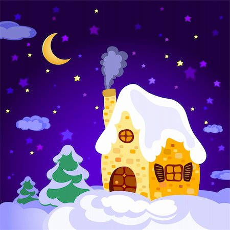snowy night at home - christmas,  this  illustration may be useful  as designer work Stock Photo - Budget Royalty-Free & Subscription, Code: 400-04705451