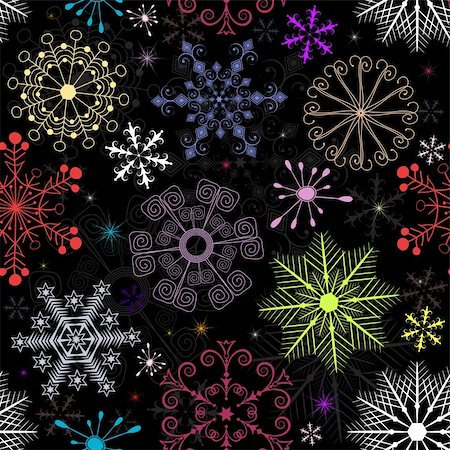 simsearch:400-04728067,k - Black Christmas pattern with colorful snowflakes and stars (vector) Foto de stock - Super Valor sin royalties y Suscripción, Código: 400-04705521