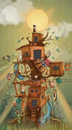 sun and fun cartoon - a fantasy tree house with lots of happy children playing Stock Photo - Budget Royalty-Free & Subscription, Code: 400-04706134