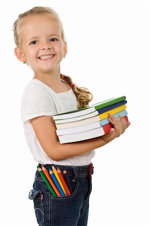 simsearch:400-04131892,k - Little girl with lots of school books grinning happily - isolated Stockbilder - Microstock & Abonnement, Bildnummer: 400-04706446