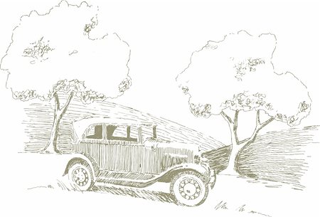 Pen and ink style illustration of a car in a rural setting. Foto de stock - Super Valor sin royalties y Suscripción, Código: 400-04706744