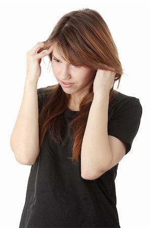 simsearch:400-07485414,k - Woman with headache holding her hand to the head, isolated on white Fotografie stock - Microstock e Abbonamento, Codice: 400-04707931