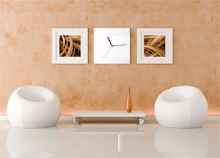 reloj de sol - two fashion armchair and table on wheels against orange stucco wall - rendering Photographie de stock - Aubaine LD & Abonnement, Code: 400-04709166