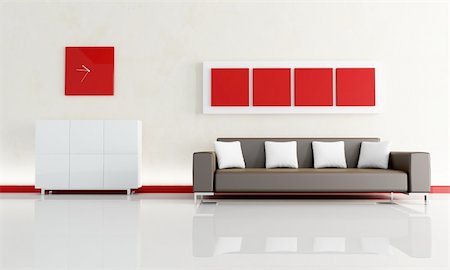 reloj de sol - red and white living room with modern brown sofa - rendering Photographie de stock - Aubaine LD & Abonnement, Code: 400-04709171