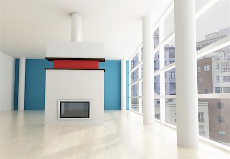 empty city apartment with modern fireplace - rendering .the image on background is a my composition Stock Photo - Budget Royalty-Free & Subscription, Code: 400-04709188