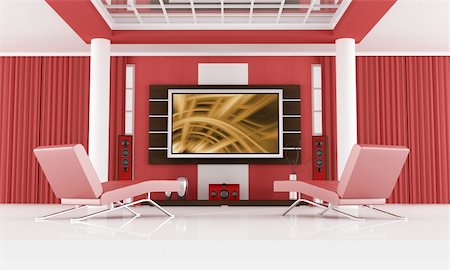 elegant tv room - red chaise lounge in a modern living room with home theatre system - the image on screen is a my composition Foto de stock - Super Valor sin royalties y Suscripción, Código: 400-04709194