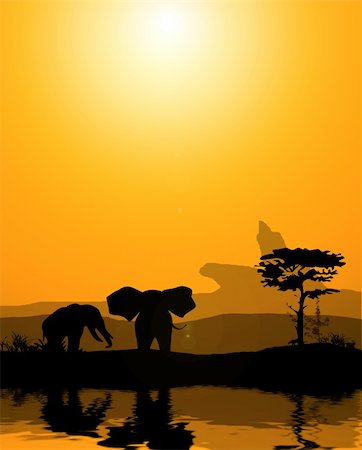 reich (artist) - a couple of elephants near to water source in savanna desert - illustration Fotografie stock - Microstock e Abbonamento, Codice: 400-04709376