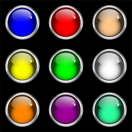 Web buttons. Nine shiny gel buttons with silver rims in assorted colors. Isolated on black. Stock Photo - Budget Royalty-Free & Subscription, Code: 400-04709386