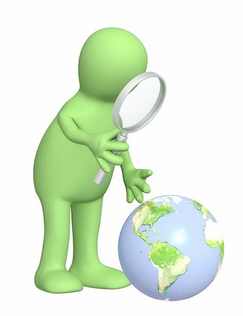 Puppet with a magnifier and Earth. Over white Stock Photo - Budget Royalty-Free & Subscription, Code: 400-04709614