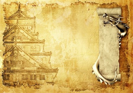 east asian art of a dragon - Grunge background with dragons and scrolls of old parchment Stock Photo - Budget Royalty-Free & Subscription, Code: 400-04709623