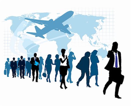 simsearch:400-04082063,k - People are walking, flying airplane and world map in the background. The base map is from Central Intelligence Agency Web site. Stock Photo - Budget Royalty-Free & Subscription, Code: 400-04709885
