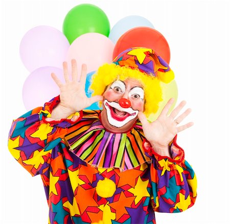 simsearch:400-04408991,k - Funny birthday clown with balloons over white background. Foto de stock - Super Valor sin royalties y Suscripción, Código: 400-04700187