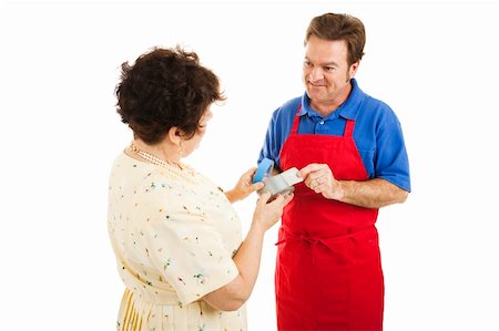 ruban-cache - Customer getting advice about tape from a hardware store clerk.  Isolated on white. Photographie de stock - Aubaine LD & Abonnement, Code: 400-04700200