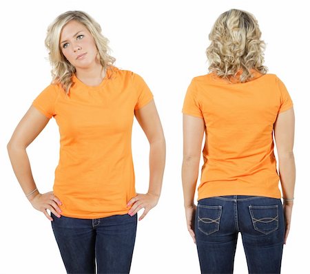 shirt front back model - Young beautiful blond female with blank orange shirt, front and back. Ready for your design or logo. Stock Photo - Budget Royalty-Free & Subscription, Code: 400-04700274