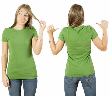 shirt front back model - Young beautiful female with blank green shirt, front and back. Ready for your design or logo. Stock Photo - Budget Royalty-Free & Subscription, Code: 400-04700355
