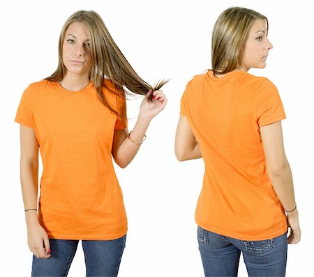 shirt front back model - Young beautiful female with blank orange shirt, front and back. Ready for your design or logo. Stock Photo - Budget Royalty-Free & Subscription, Code: 400-04701949