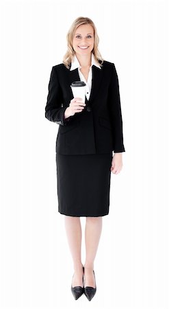 simsearch:400-05242665,k - A happy businesswoman holding a cup of coffee wearing a black suit against white background Foto de stock - Super Valor sin royalties y Suscripción, Código: 400-04702350