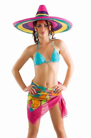 simsearch:400-04205035,k - summer portrait of a cute girl wearing a bikini colored scarf and a big colorful hat like a sombrero Stock Photo - Budget Royalty-Free & Subscription, Code: 400-04702739