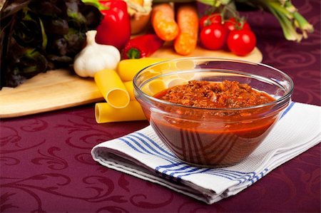 bowl with sauce bolognese and raw vegetables Stock Photo - Budget Royalty-Free & Subscription, Code: 400-04703505