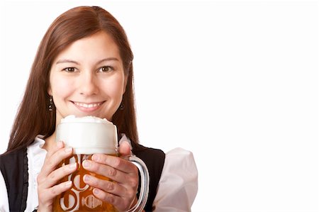 dimple mug - /Portrait of happy Bavarian woman with Oktoberfest beer stein. Isolated on white background. Stock Photo - Budget Royalty-Free & Subscription, Code: 400-04703789