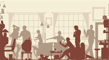 silhouettes man and dog - Foreground silhouette of a family gathering in a living room with all elements as separate editable objects Stock Photo - Budget Royalty-Free & Subscription, Code: 400-04714191