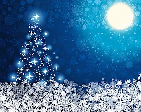 simsearch:400-07179433,k - Abstract winter blue background, with stars, moon, snowflakes and Christmas tree, illustration Stock Photo - Budget Royalty-Free & Subscription, Code: 400-04714291