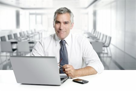 simsearch:400-03989090,k - businessman senior gray hair working laptop interior modern white office Fotografie stock - Microstock e Abbonamento, Codice: 400-04715190