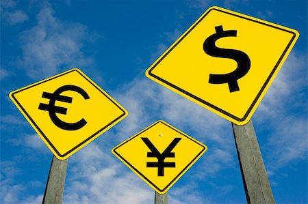 Euro, yen and dollar symbols on yellow traffic signs. Stockbilder - Microstock & Abonnement, Bildnummer: 400-04715621