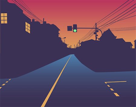 deserted street at night - Editable vector design of green traffic light over an empty street at sunset Foto de stock - Super Valor sin royalties y Suscripción, Código: 400-04716125