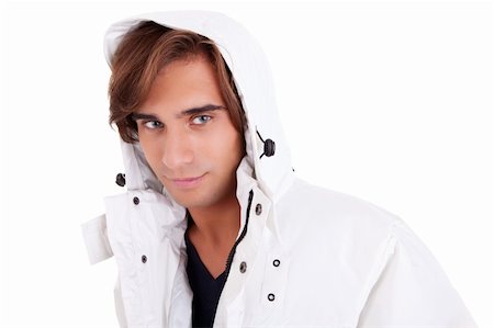 peeping fashion - Portrait of a young man with a hood , in autumn/winter clothes, isolated on white. Studio shot Stock Photo - Budget Royalty-Free & Subscription, Code: 400-04716200