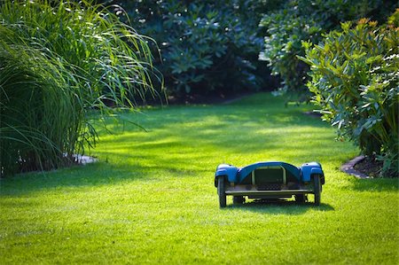 simsearch:695-05772258,k - Photograph of a robotic lawn mower, working the garden grass Foto de stock - Royalty-Free Super Valor e Assinatura, Número: 400-04716231