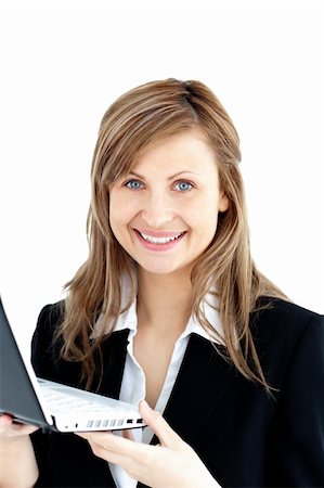 bright woman in suit holding a laptop against a white background Foto de stock - Super Valor sin royalties y Suscripción, Código: 400-04717234
