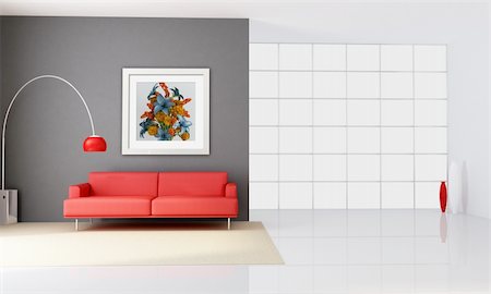 minimalist interior with red couch and big windows - rendering - the art picture on wall is a my rendering composition Stock Photo - Budget Royalty-Free & Subscription, Code: 400-04717811