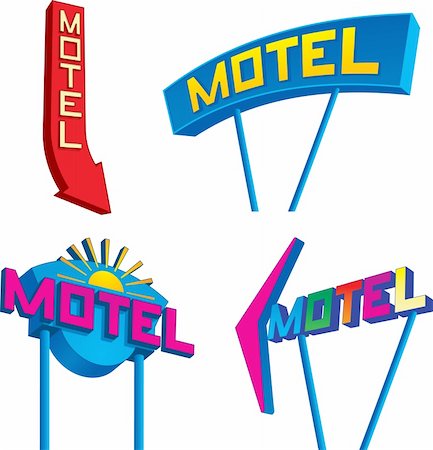 Set of four retro looking motel signs at different angles. Foto de stock - Super Valor sin royalties y Suscripción, Código: 400-04718430