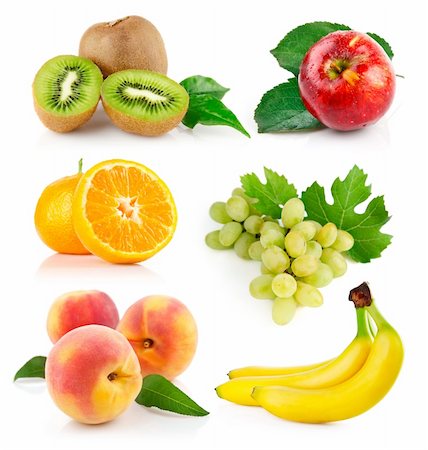 set fresh fruits with green leaves isolated on white background Stock Photo - Budget Royalty-Free & Subscription, Code: 400-04719111