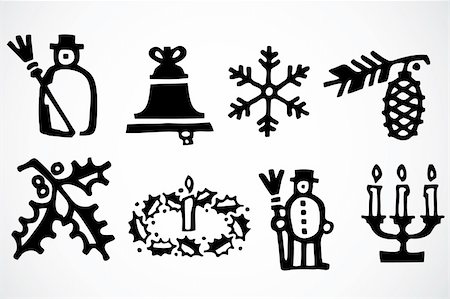 simsearch:400-04209662,k - Christmas elements, including a bell, snowman, snow, and mistletoe Foto de stock - Super Valor sin royalties y Suscripción, Código: 400-04711014