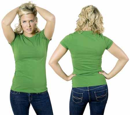 shirt front back model - Young beautiful blond female with blank green shirt, front and back. Ready for your design or logo. Stock Photo - Budget Royalty-Free & Subscription, Code: 400-04711544