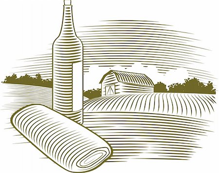 Illustration of a wine bottle with a farm scene in the background Foto de stock - Super Valor sin royalties y Suscripción, Código: 400-04711558