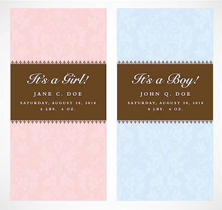 Set of vector boy and girl frames with sample text. Perfect as announcements. Background pattern is included as seamless swatch. All pieces are separate. Easy to change colors and edit. Stock Photo - Budget Royalty-Free & Subscription, Code: 400-04711649