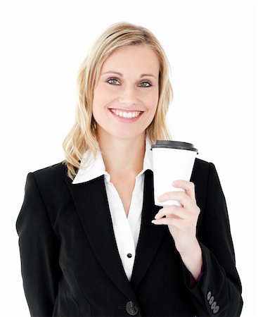 simsearch:400-04188263,k - Smiling businesswoman holding a coffee against white background Foto de stock - Super Valor sin royalties y Suscripción, Código: 400-04711662